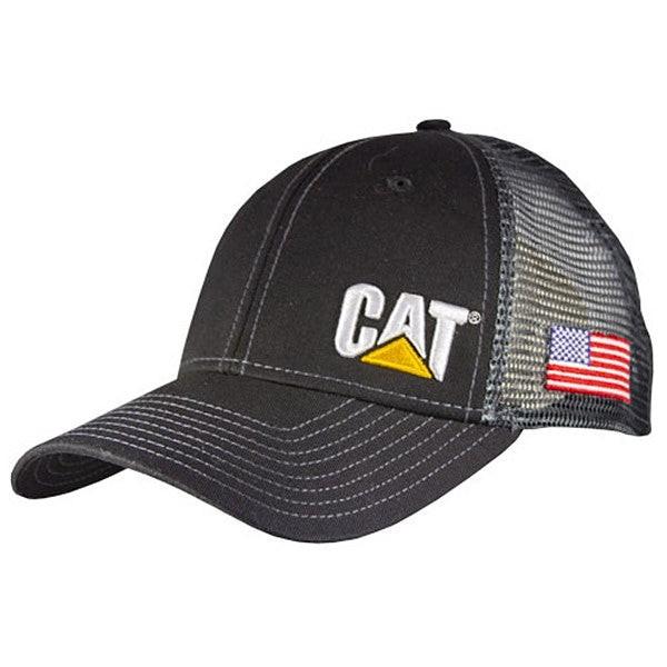 Structured Black Chino/Trucker Mesh Back  2 Tone CAT w/US Flag on Side